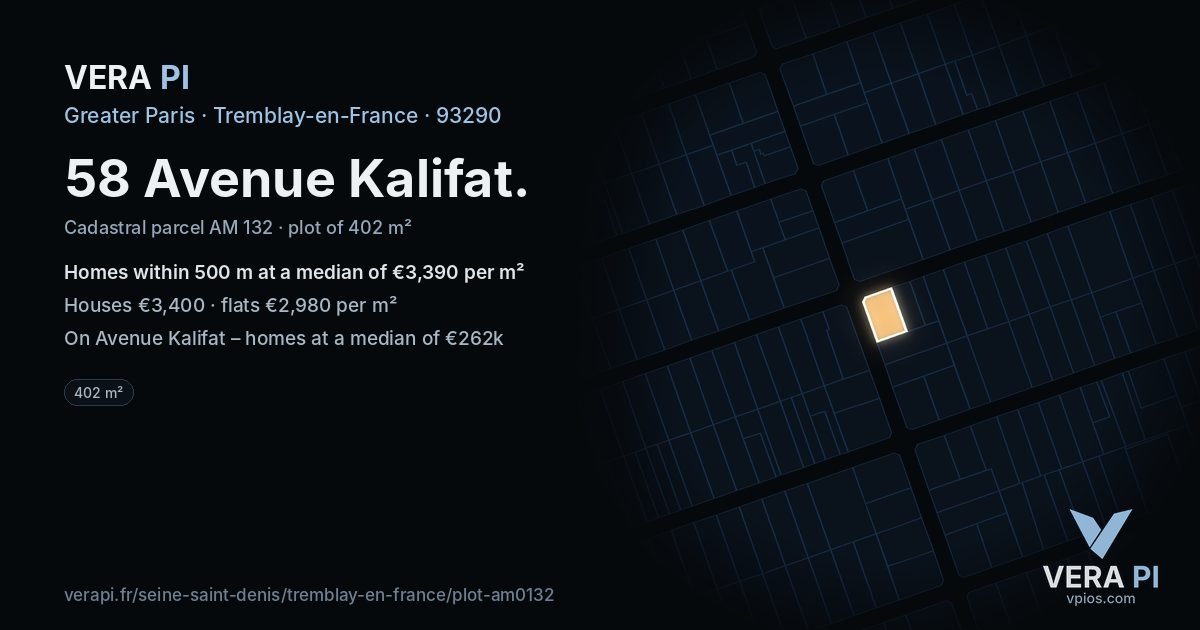 58 Avenue Kalifat, Tremblay-en-France at night – the plot lit, the parcels around coloured by the prices near them