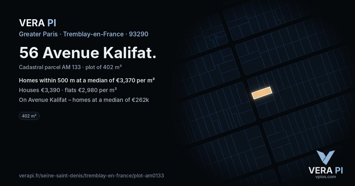 56 Avenue Kalifat, Tremblay-en-France at night – the plot lit, the parcels around coloured by the prices near them