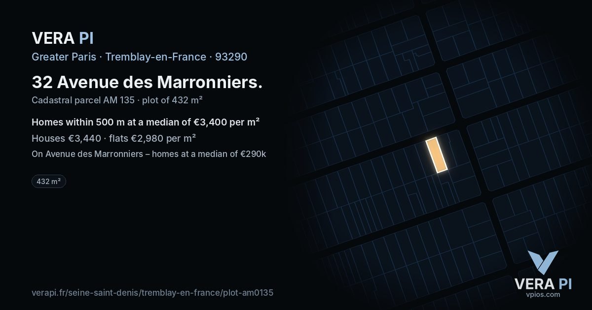 32 Avenue des Marronniers, Tremblay-en-France at night – the plot lit, the parcels around coloured by the prices near them