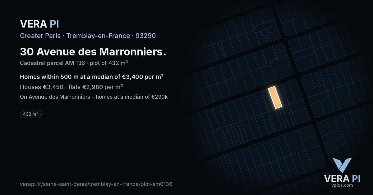 30 Avenue des Marronniers, Tremblay-en-France at night – the plot lit, the parcels around coloured by the prices near them