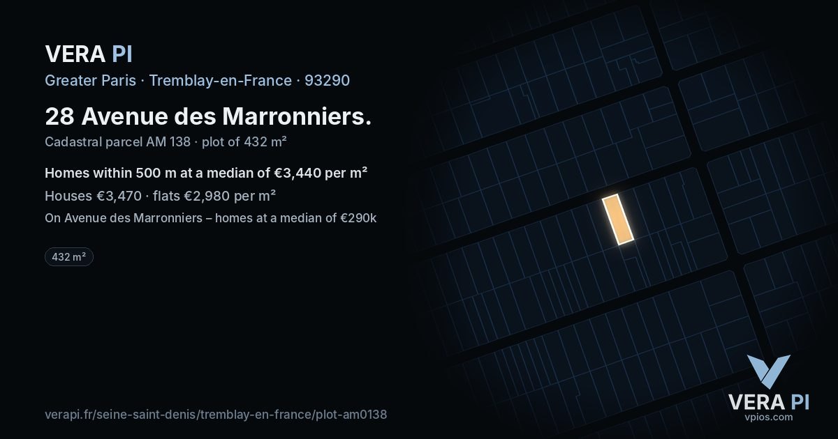 28 Avenue des Marronniers, Tremblay-en-France at night – the plot lit, the parcels around coloured by the prices near them