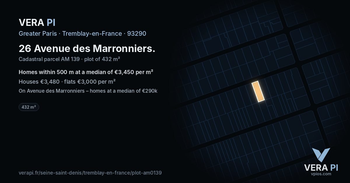 26 Avenue des Marronniers, Tremblay-en-France at night – the plot lit, the parcels around coloured by the prices near them