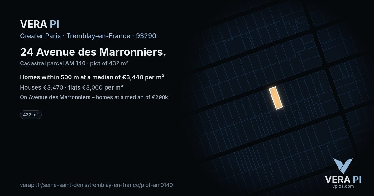 24 Avenue des Marronniers, Tremblay-en-France at night – the plot lit, the parcels around coloured by the prices near them