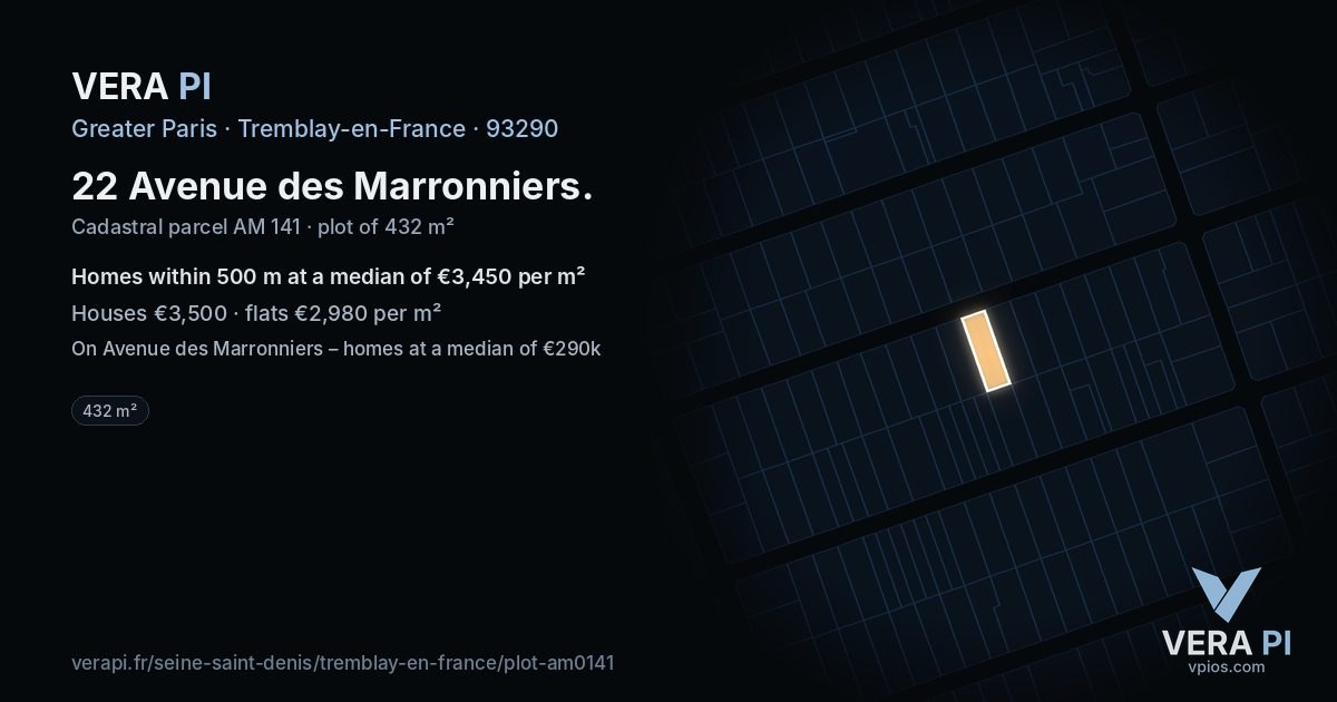 22 Avenue des Marronniers, Tremblay-en-France at night – the plot lit, the parcels around coloured by the prices near them