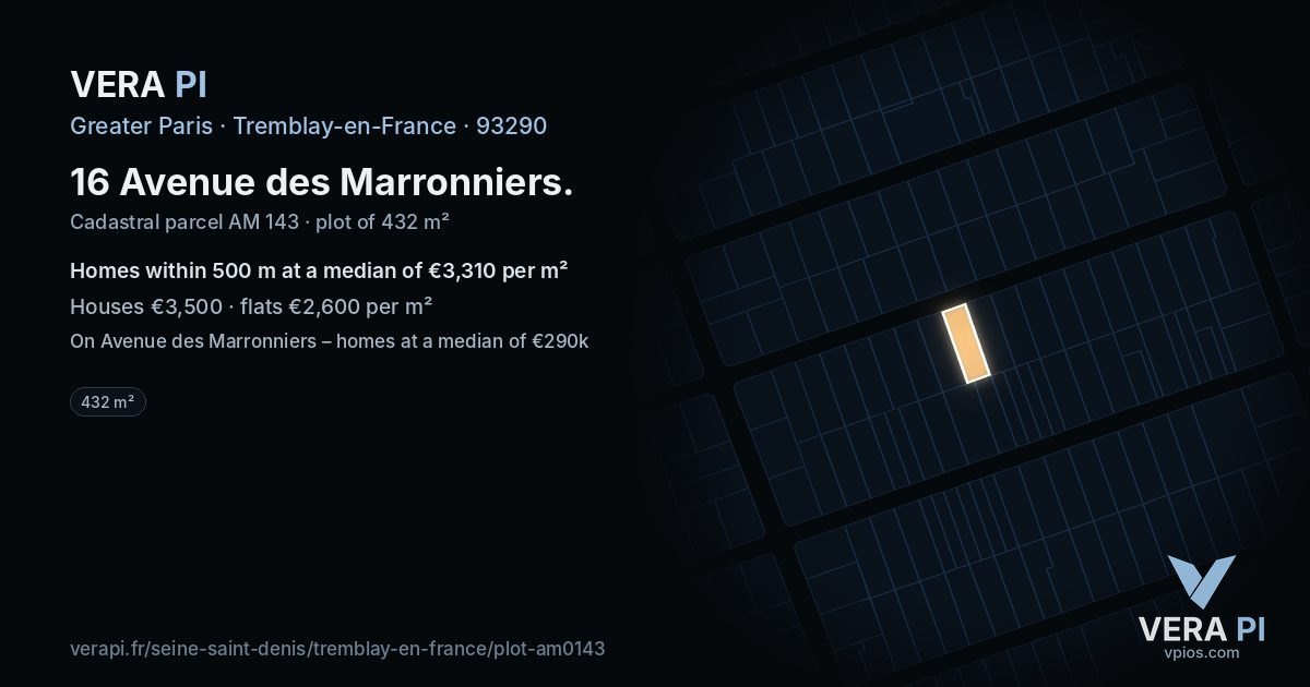 16 Avenue des Marronniers, Tremblay-en-France at night – the plot lit, the parcels around coloured by the prices near them