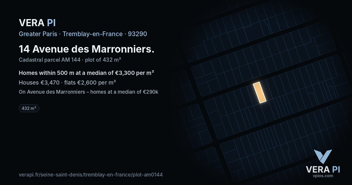 14 Avenue des Marronniers, Tremblay-en-France at night – the plot lit, the parcels around coloured by the prices near them