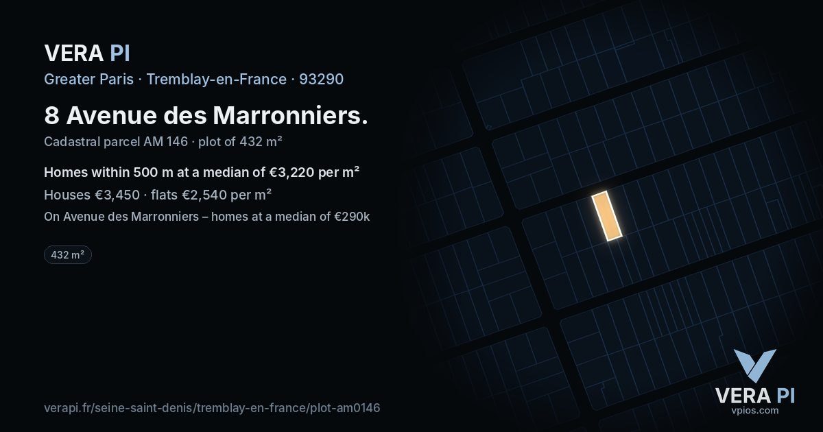 8 Avenue des Marronniers, Tremblay-en-France at night – the plot lit, the parcels around coloured by the prices near them