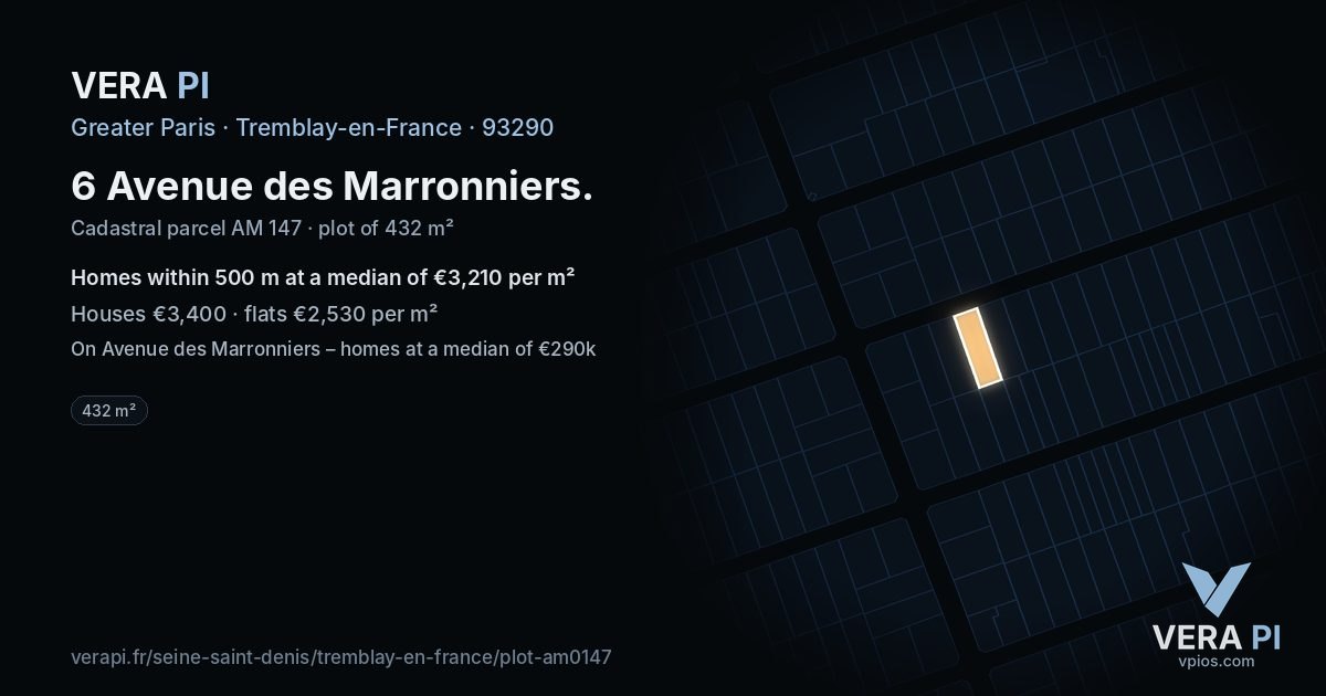 6 Avenue des Marronniers, Tremblay-en-France at night – the plot lit, the parcels around coloured by the prices near them