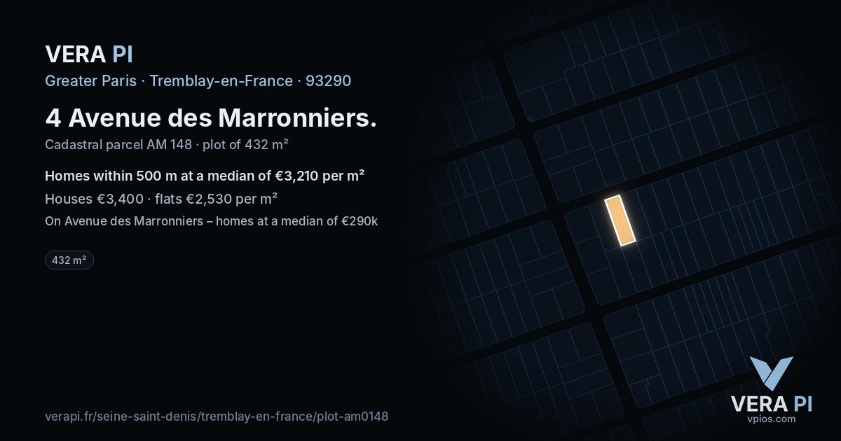 4 Avenue des Marronniers, Tremblay-en-France at night – the plot lit, the parcels around coloured by the prices near them