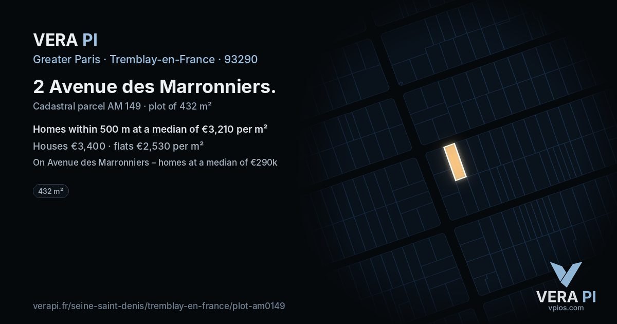 2 Avenue des Marronniers, Tremblay-en-France at night – the plot lit, the parcels around coloured by the prices near them