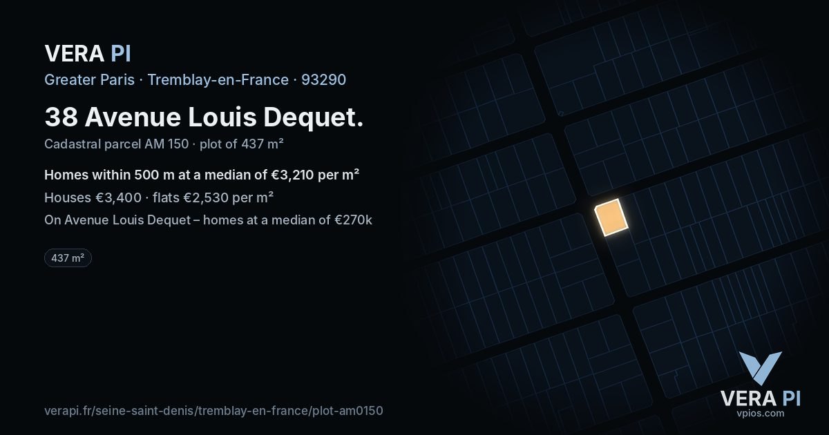 38 Avenue Louis Dequet, Tremblay-en-France at night – the plot lit, the parcels around coloured by the prices near them