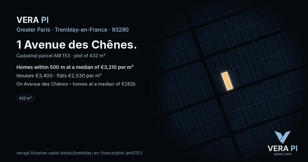 1 Avenue des Chênes, Tremblay-en-France at night – the plot lit, the parcels around coloured by the prices near them