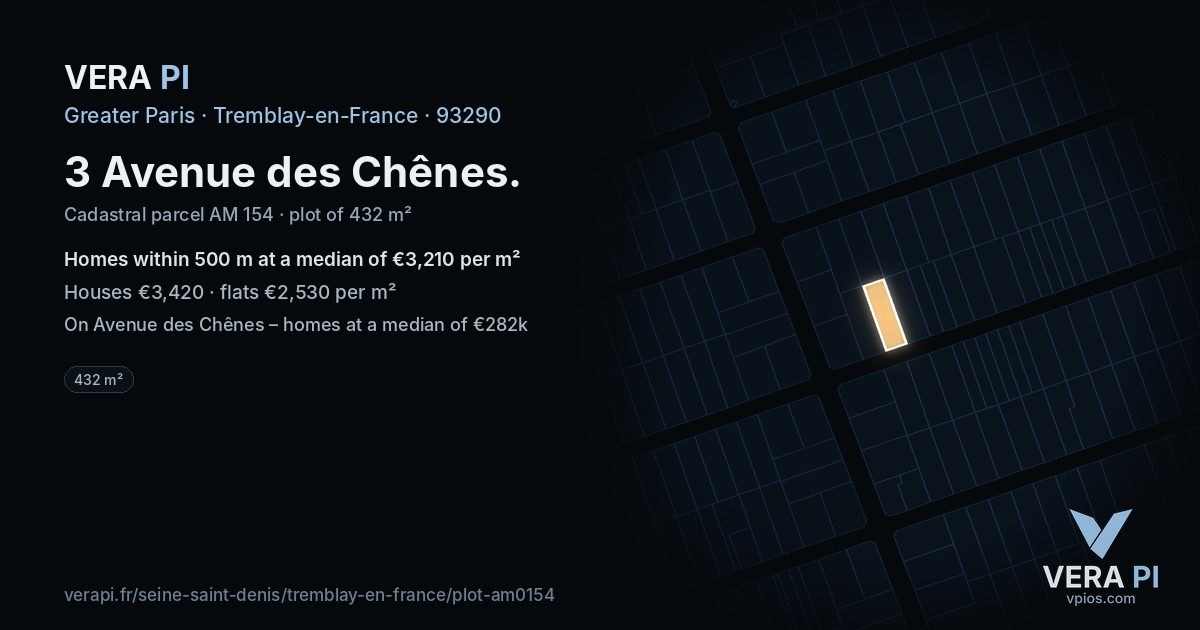 3 Avenue des Chênes, Tremblay-en-France at night – the plot lit, the parcels around coloured by the prices near them
