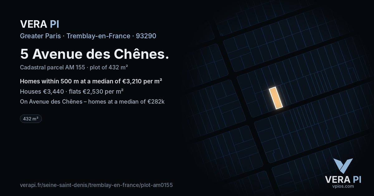 5 Avenue des Chênes, Tremblay-en-France at night – the plot lit, the parcels around coloured by the prices near them
