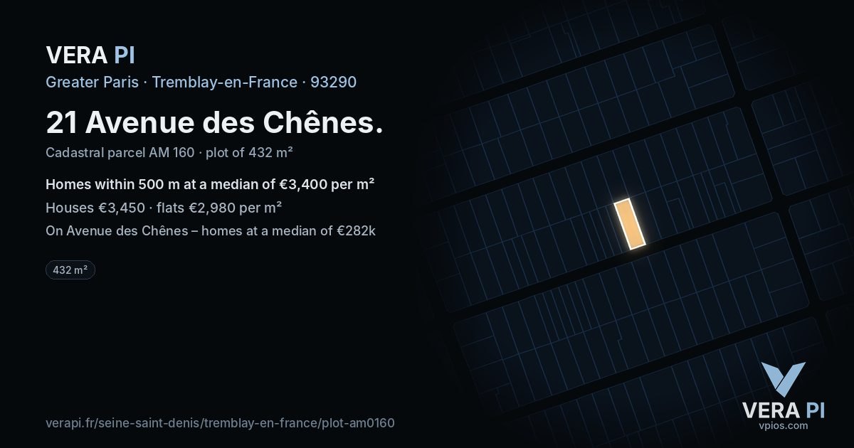 21 Avenue des Chênes, Tremblay-en-France at night – the plot lit, the parcels around coloured by the prices near them