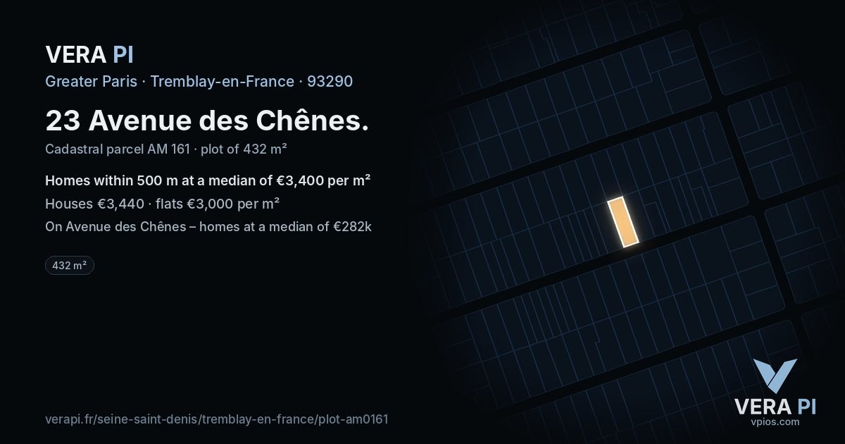 23 Avenue des Chênes, Tremblay-en-France at night – the plot lit, the parcels around coloured by the prices near them