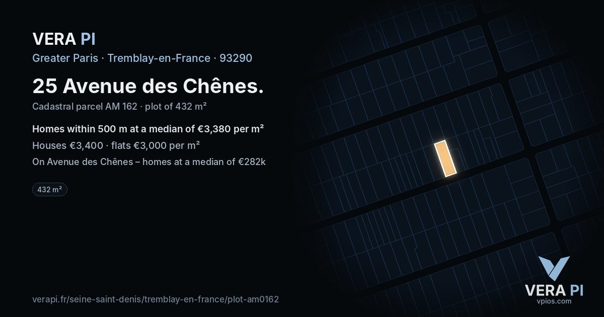 25 Avenue des Chênes, Tremblay-en-France at night – the plot lit, the parcels around coloured by the prices near them