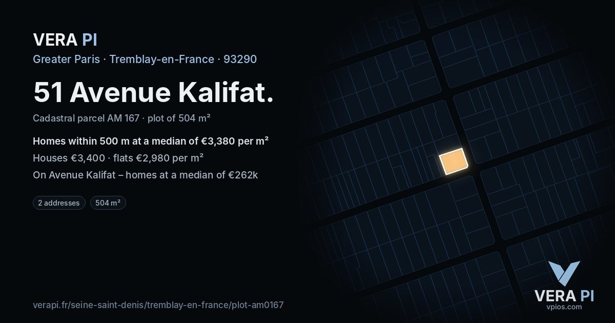 51 Avenue Kalifat, Tremblay-en-France at night – the plot lit, the parcels around coloured by the prices near them
