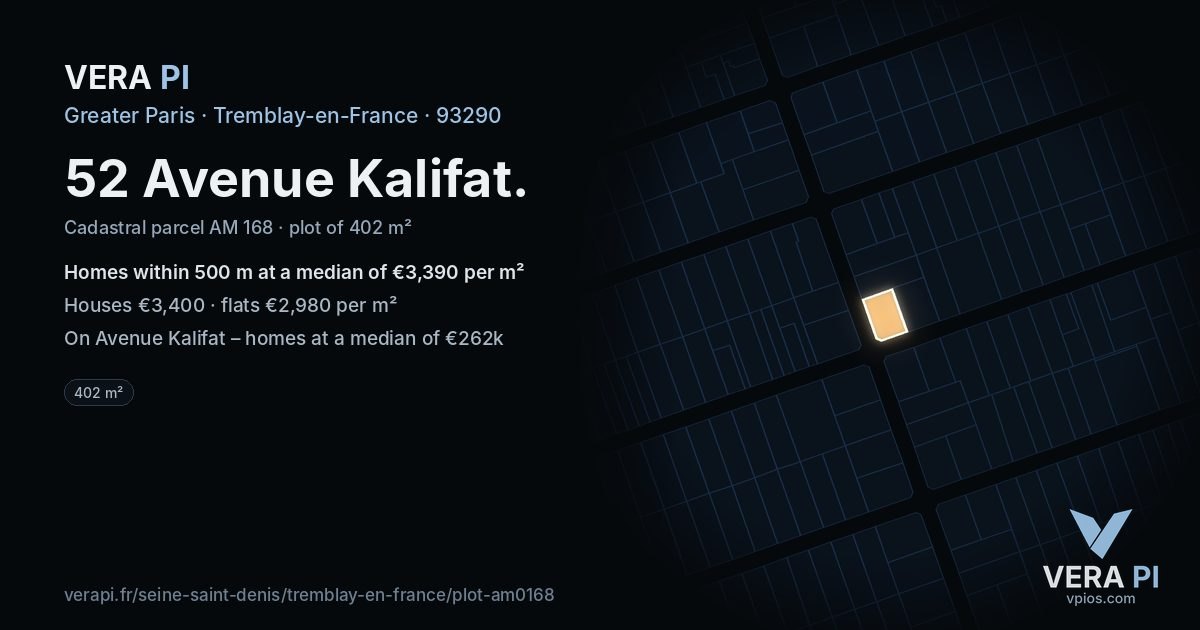 52 Avenue Kalifat, Tremblay-en-France at night – the plot lit, the parcels around coloured by the prices near them