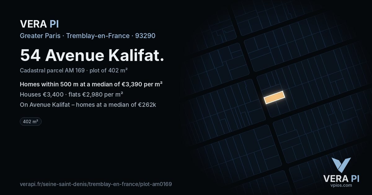 54 Avenue Kalifat, Tremblay-en-France at night – the plot lit, the parcels around coloured by the prices near them