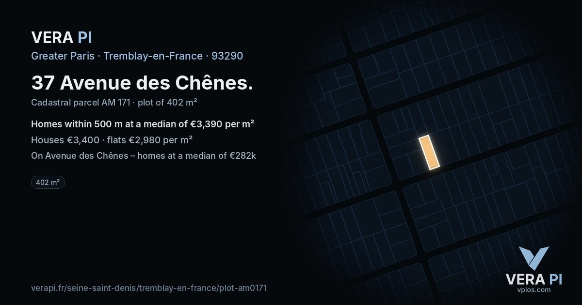 37 Avenue des Chênes, Tremblay-en-France at night – the plot lit, the parcels around coloured by the prices near them