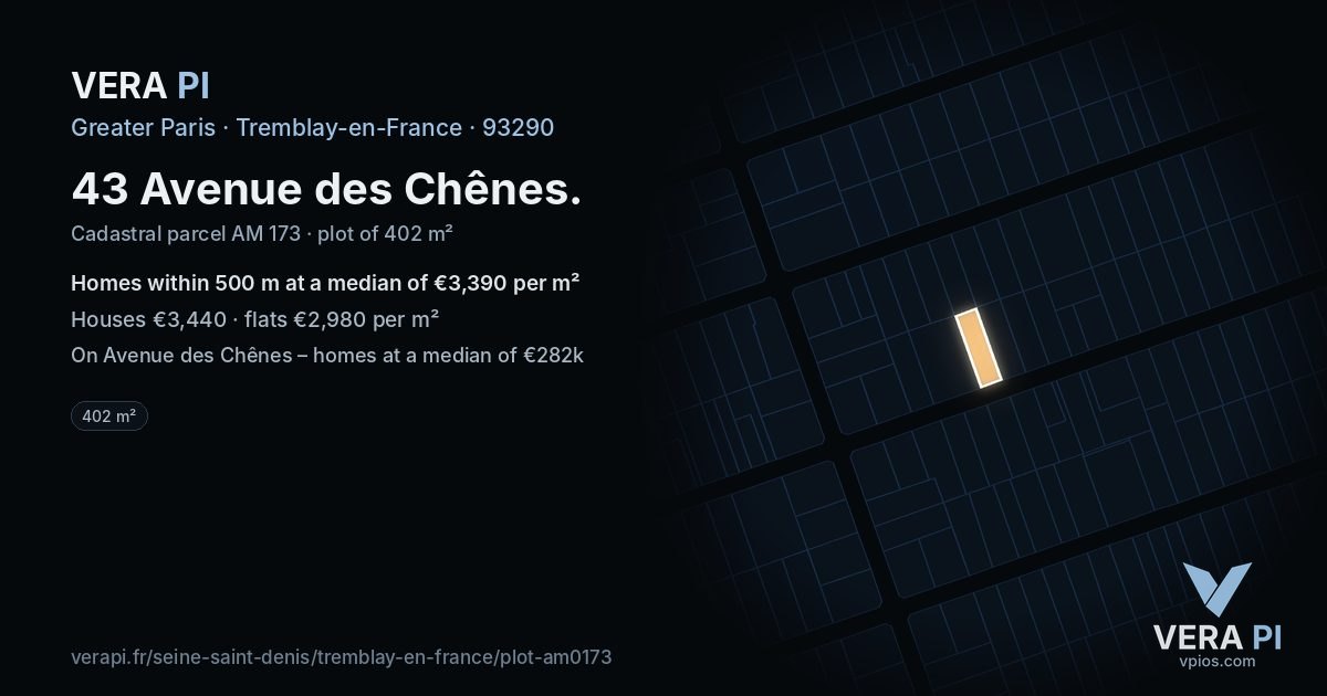 43 Avenue des Chênes, Tremblay-en-France at night – the plot lit, the parcels around coloured by the prices near them