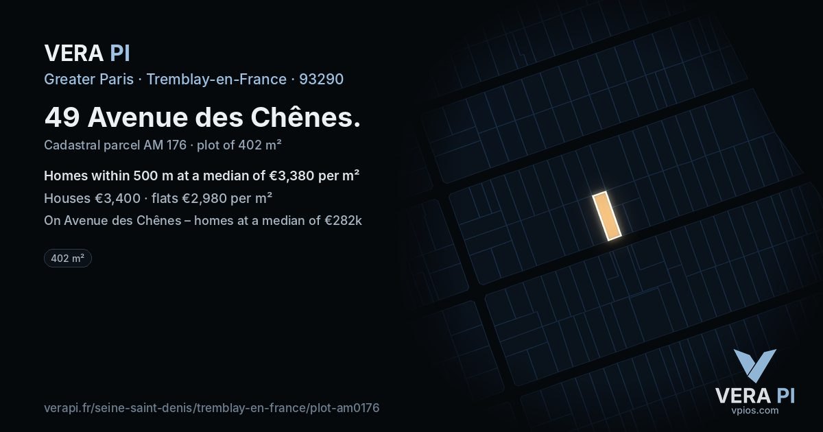 49 Avenue des Chênes, Tremblay-en-France at night – the plot lit, the parcels around coloured by the prices near them