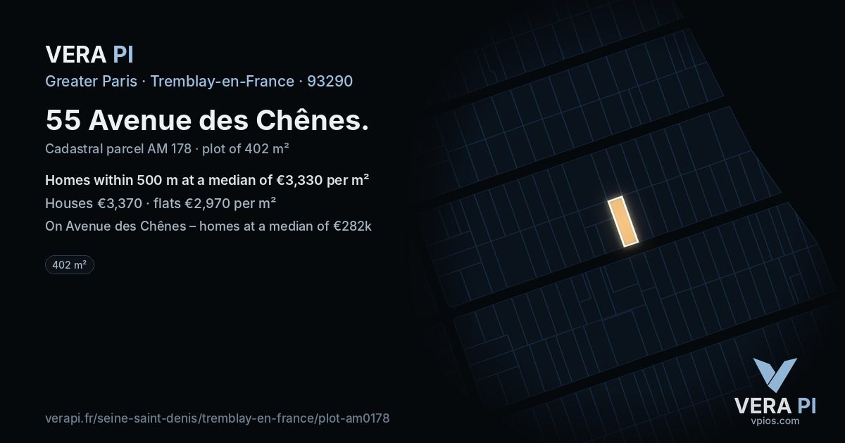55 Avenue des Chênes, Tremblay-en-France at night – the plot lit, the parcels around coloured by the prices near them