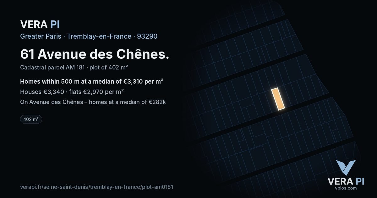 61 Avenue des Chênes, Tremblay-en-France at night – the plot lit, the parcels around coloured by the prices near them