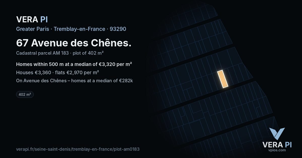 67 Avenue des Chênes, Tremblay-en-France at night – the plot lit, the parcels around coloured by the prices near them