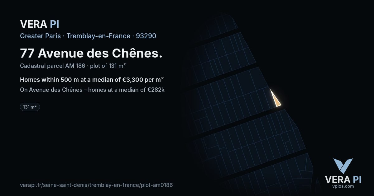 77 Avenue des Chênes, Tremblay-en-France at night – the plot lit, the parcels around coloured by the prices near them