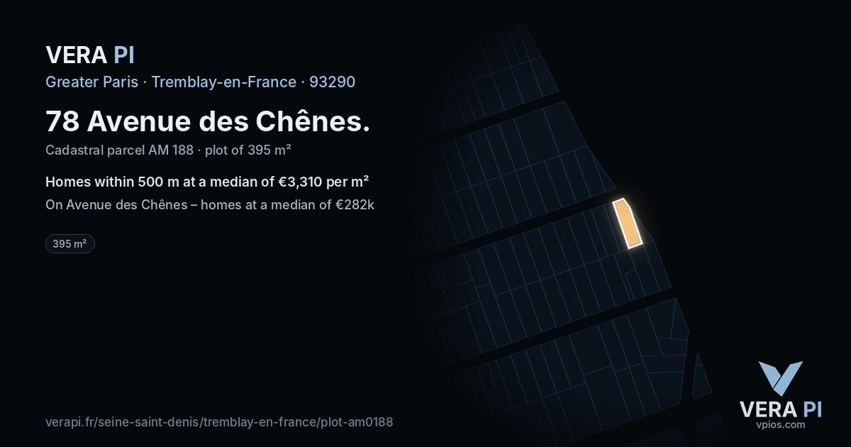 78 Avenue des Chênes, Tremblay-en-France at night – the plot lit, the parcels around coloured by the prices near them