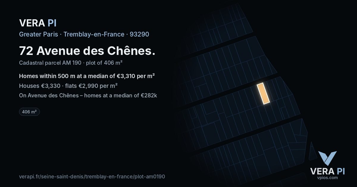 72 Avenue des Chênes, Tremblay-en-France at night – the plot lit, the parcels around coloured by the prices near them