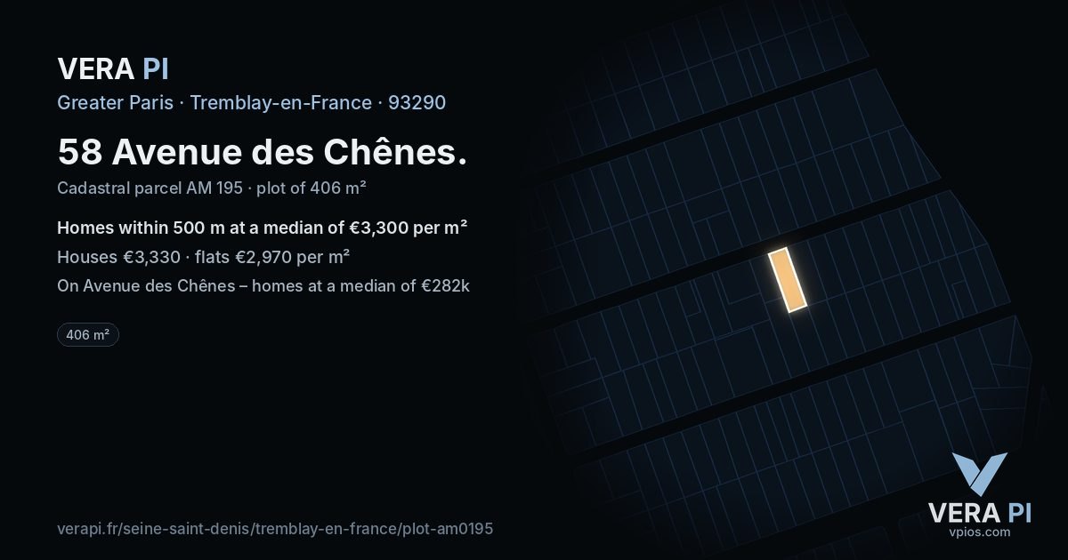 58 Avenue des Chênes, Tremblay-en-France at night – the plot lit, the parcels around coloured by the prices near them
