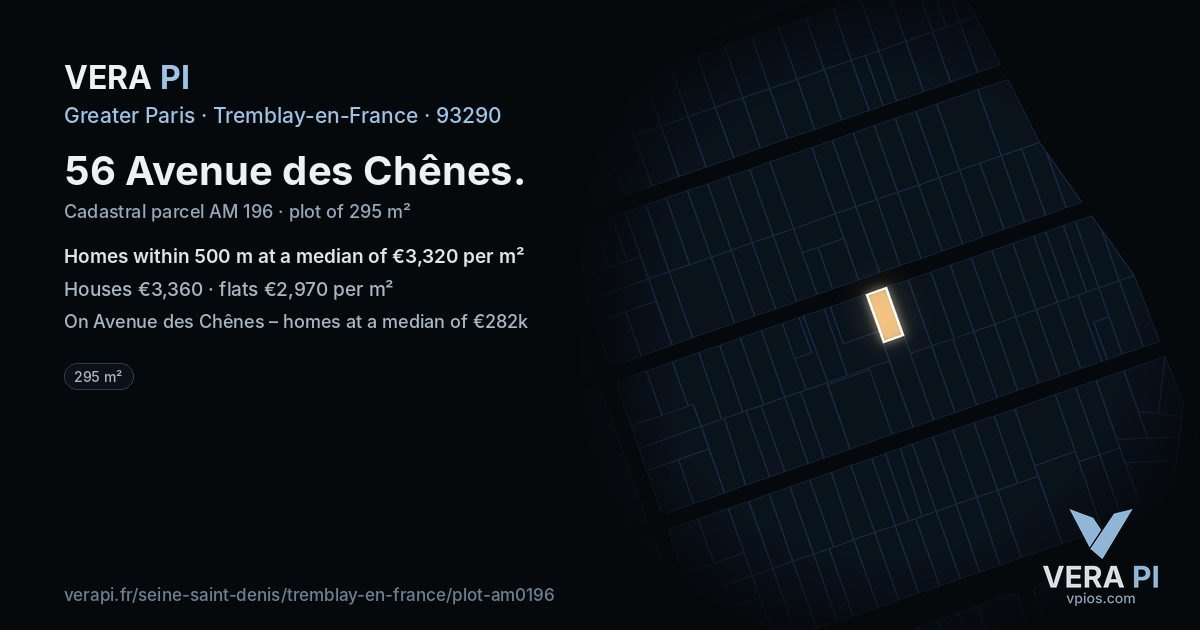 56 Avenue des Chênes, Tremblay-en-France at night – the plot lit, the parcels around coloured by the prices near them
