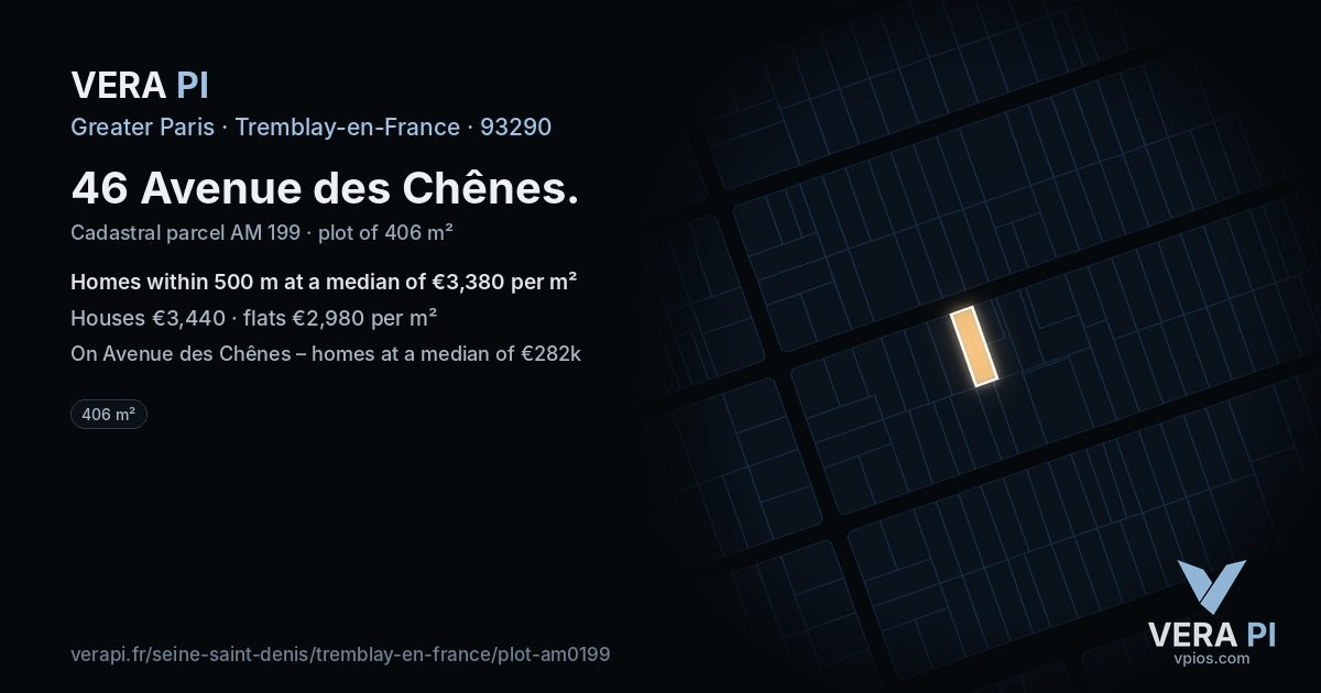 46 Avenue des Chênes, Tremblay-en-France at night – the plot lit, the parcels around coloured by the prices near them