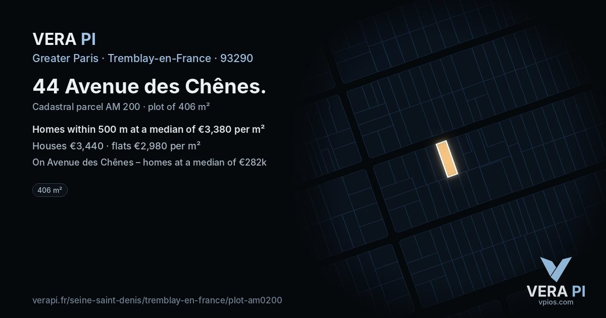 44 Avenue des Chênes, Tremblay-en-France at night – the plot lit, the parcels around coloured by the prices near them