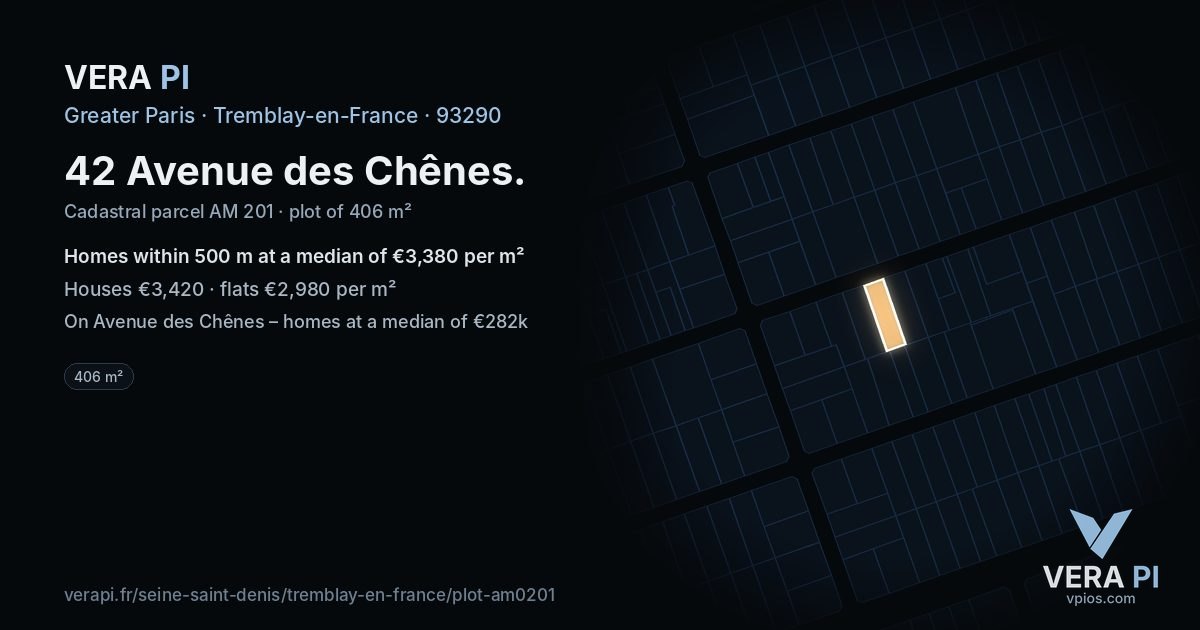 42 Avenue des Chênes, Tremblay-en-France at night – the plot lit, the parcels around coloured by the prices near them