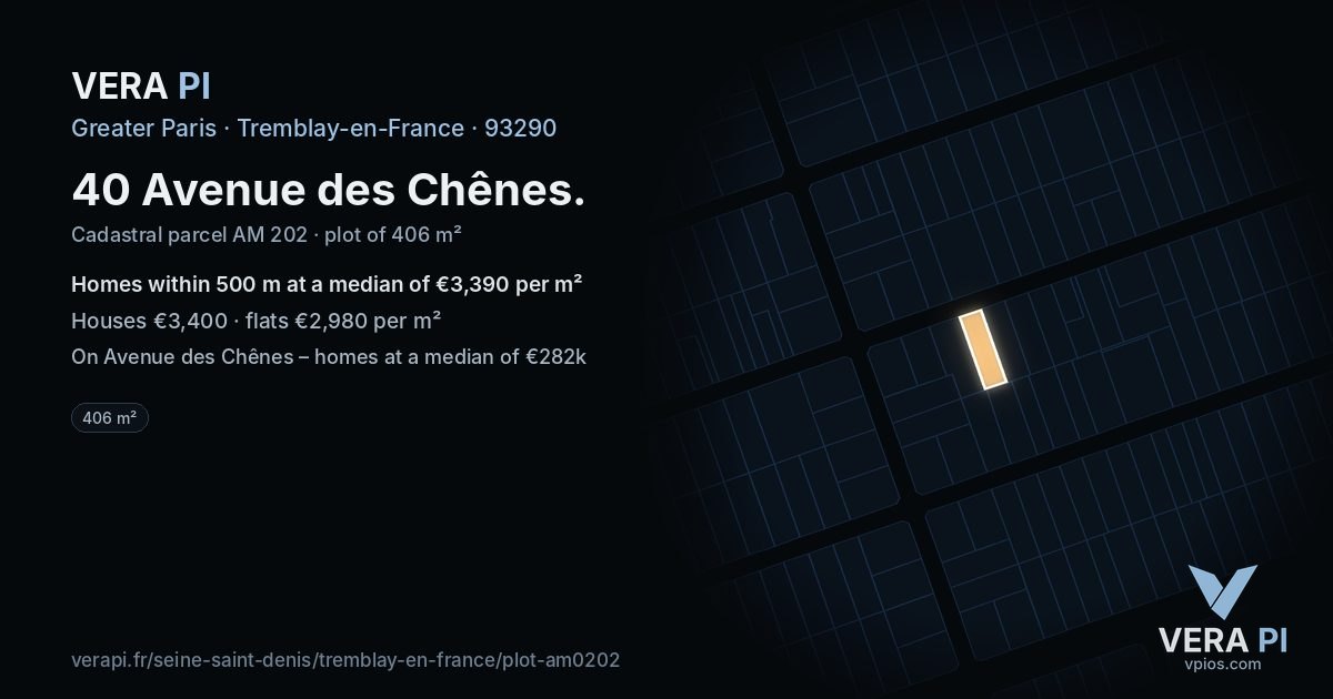 40 Avenue des Chênes, Tremblay-en-France at night – the plot lit, the parcels around coloured by the prices near them