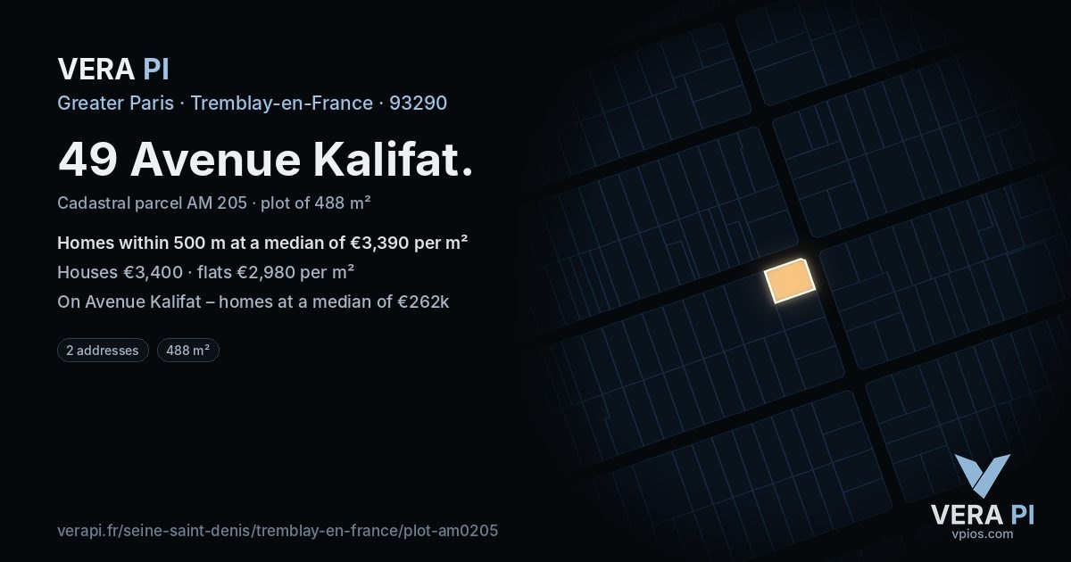 49 Avenue Kalifat, Tremblay-en-France at night – the plot lit, the parcels around coloured by the prices near them