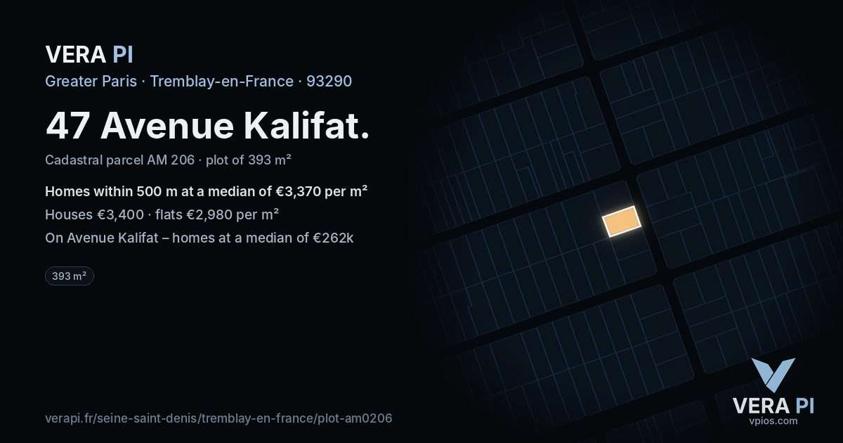 47 Avenue Kalifat, Tremblay-en-France at night – the plot lit, the parcels around coloured by the prices near them