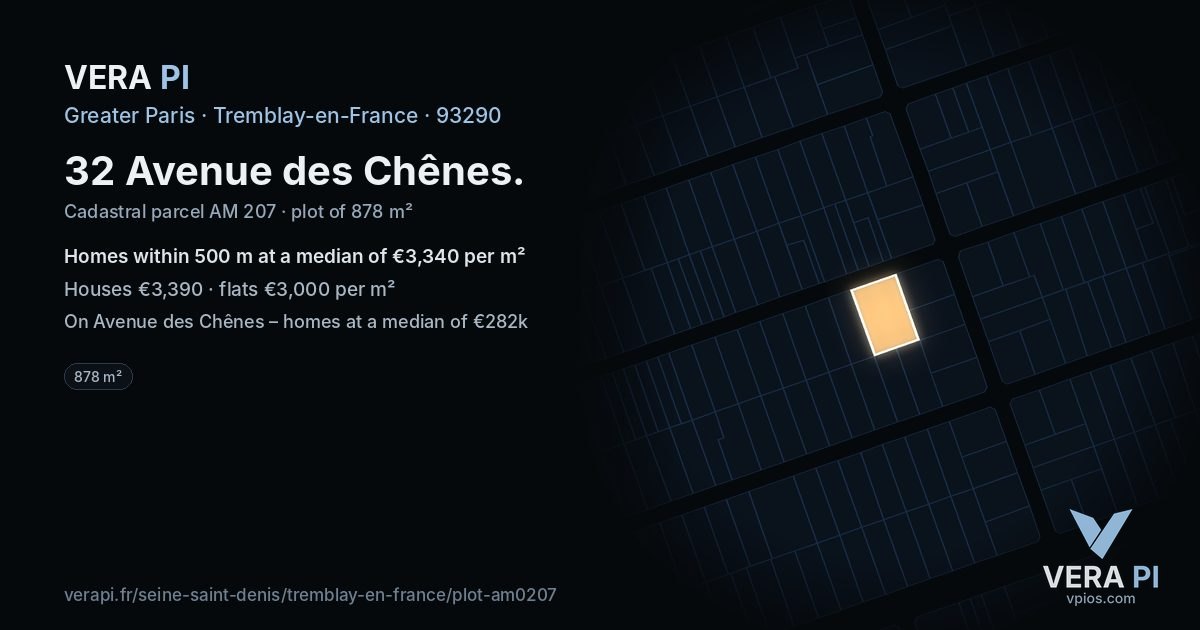 32 Avenue des Chênes, Tremblay-en-France at night – the plot lit, the parcels around coloured by the prices near them