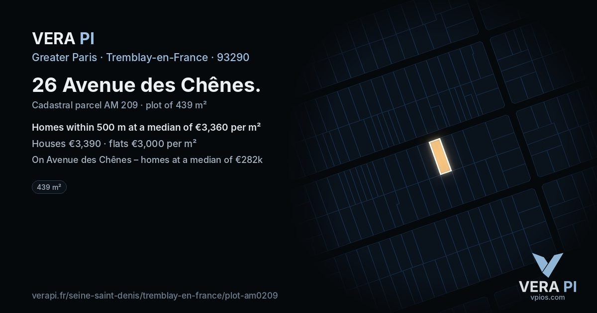 26 Avenue des Chênes, Tremblay-en-France at night – the plot lit, the parcels around coloured by the prices near them