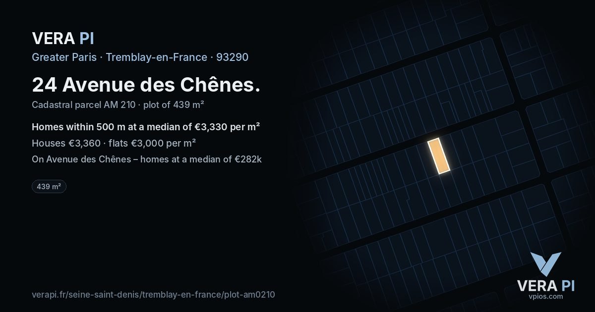 24 Avenue des Chênes, Tremblay-en-France at night – the plot lit, the parcels around coloured by the prices near them