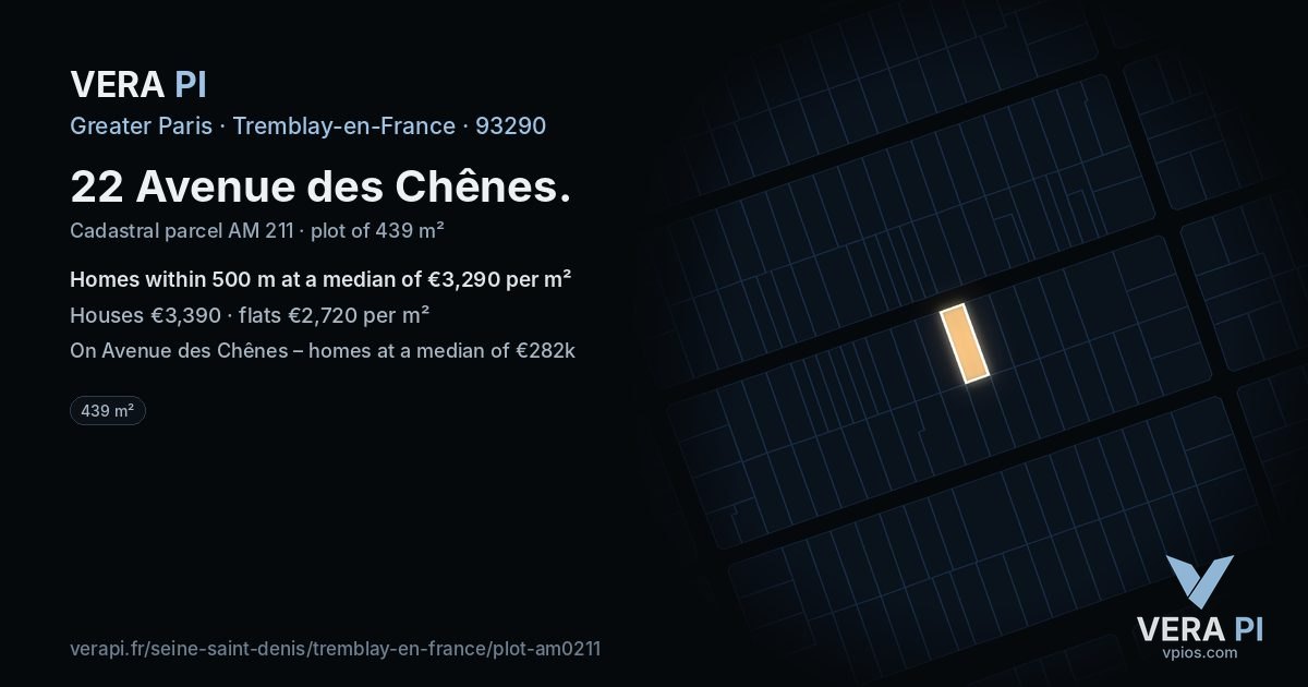 22 Avenue des Chênes, Tremblay-en-France at night – the plot lit, the parcels around coloured by the prices near them