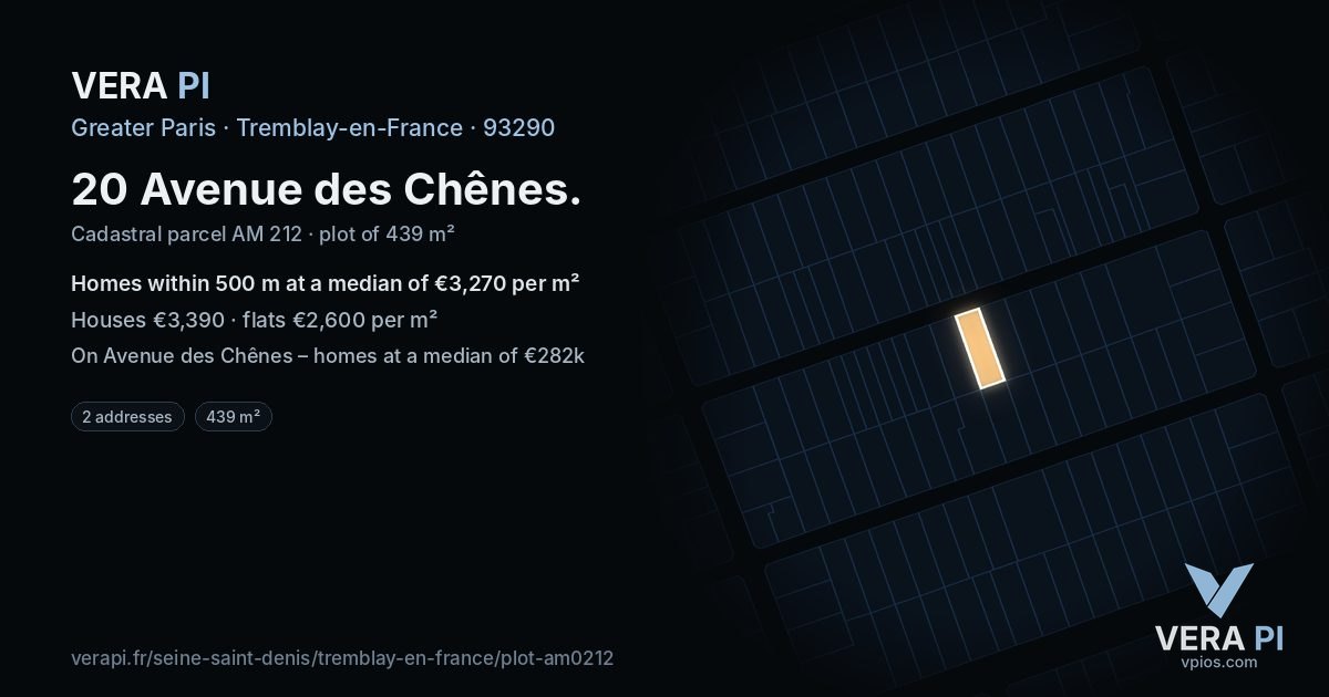 20 Avenue des Chênes, Tremblay-en-France at night – the plot lit, the parcels around coloured by the prices near them