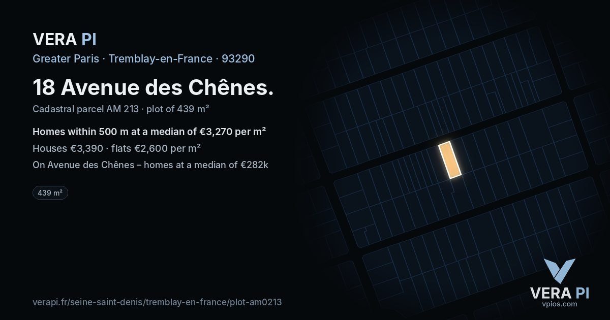 18 Avenue des Chênes, Tremblay-en-France at night – the plot lit, the parcels around coloured by the prices near them