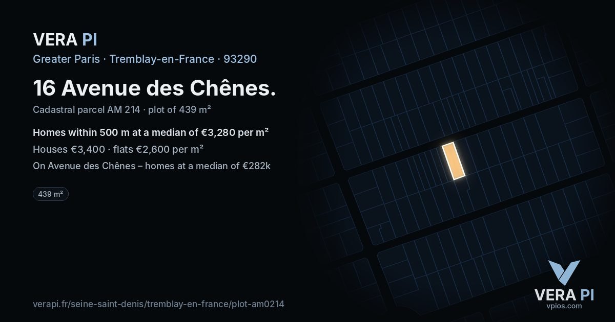 16 Avenue des Chênes, Tremblay-en-France at night – the plot lit, the parcels around coloured by the prices near them