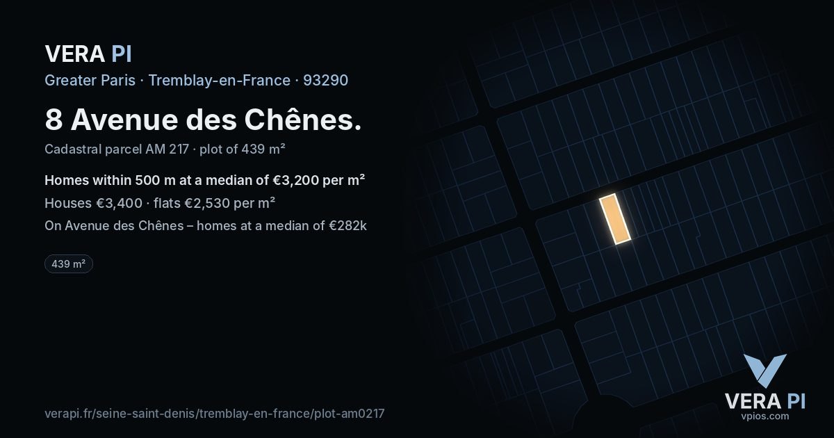 8 Avenue des Chênes, Tremblay-en-France at night – the plot lit, the parcels around coloured by the prices near them