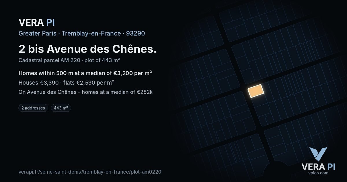 2 bis Avenue des Chênes, Tremblay-en-France at night – the plot lit, the parcels around coloured by the prices near them